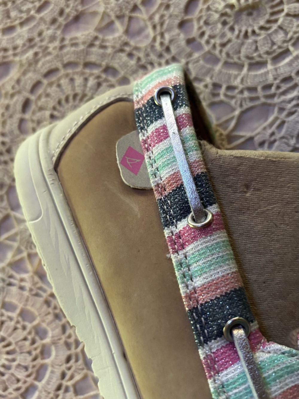 Sperry Top-Sider Kids Leather Shoresider 3-Eye Sparkle Stripe Boat Shoe Youth 4M - Picture 4 of 9